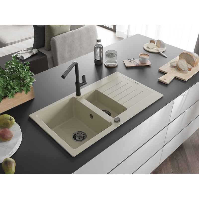 Mexen Matias chiuvetă din granit cu 1,5 camere și scurgător și baterie de bucătărie Flora, bej - 6502-69-670401-70-B