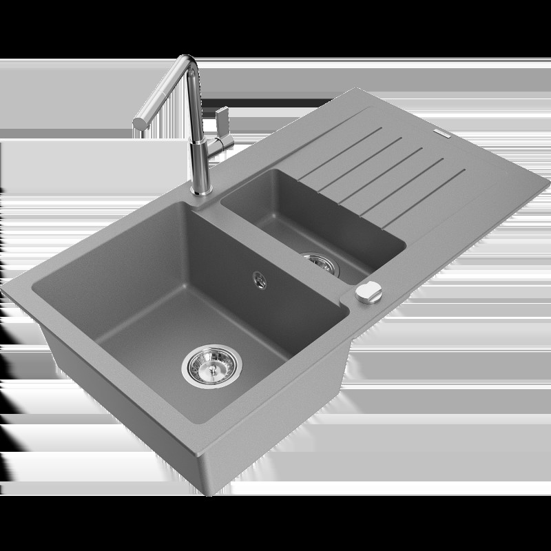 Mexen Matias Chiuvetă de granit de 1,5 compartiment cu picurător și baterie de bucătărie Flora, gri - 6502-71-670401-00