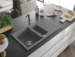 Mexen Matias gránit mosogató 1,5 medencés csepegővel és Flora konyhai csappal, szürke - 6502-71-670401-07
