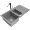 Mexen Matias chiuvetă din granit cu 1,5 compartimente cu scurgător și baterie de bucătărie Flora, gri - 6502-71-670401-07