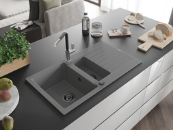 Mexen Matias gránit mosogató 1,5 medencés csepegtetővel és Flora konyhai csappal, szürke - 6502-71-670401-07-B