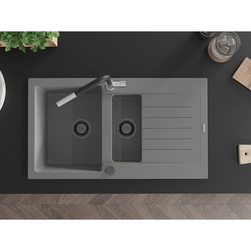 Mexen Matias gránit mosogató 1,5 medencés csepegtetővel és Flora konyhai csappal, szürke - 6502-71-670401-07-B