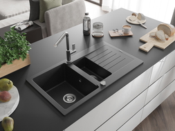 Mexen Matias chiuvetă granit 1,5 camere cu scurgător și baterie bucătărie Flora, negru/argintiu - 6502-73-670401-00