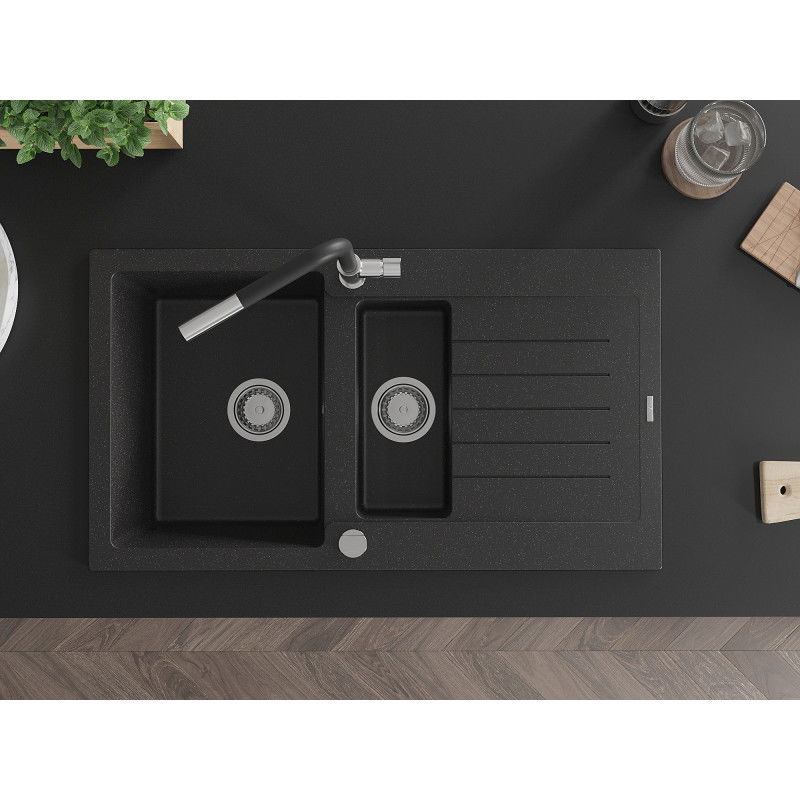 Mexen Matias chiuvetă de bucătărie din granit cu 1.5 cuve, cu scurgător și baterie Flora, negru/argintiu - 6502-73-670401-07