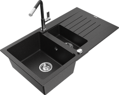 Mexen Matias 1,5 rekeszes gránit mosogató elvezetővel és Flora konyhai csapteleppel, fekete/ezüst - 6502-73-670401-07