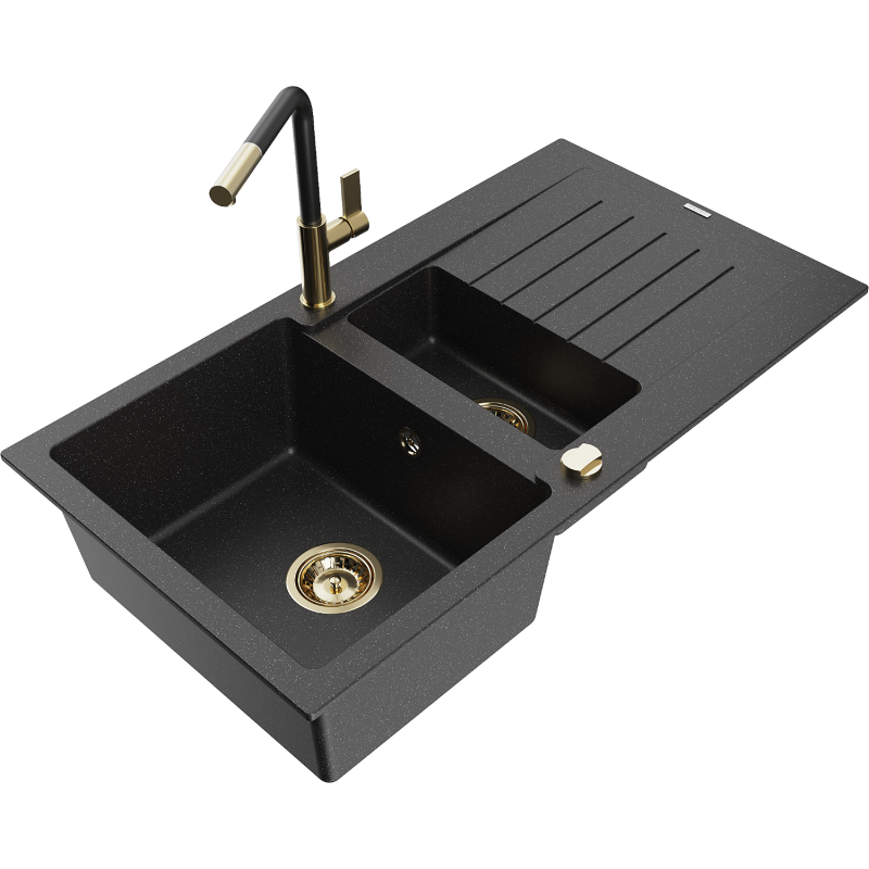 Mexen Matias chiuvetă de granit cu 1,5 cuve cu scurgător și baterie de bucătărie Flora, negru/argintiu