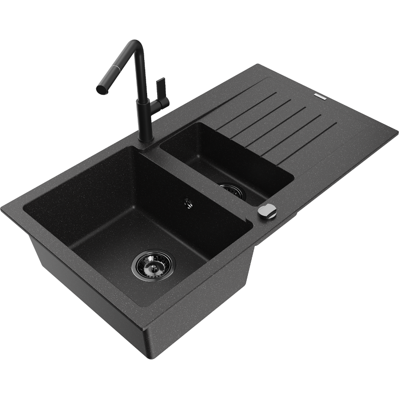 Mexen Matias 1,5-medencés gránit mosogató lefolyóval és Flora konyhai csappal, fekete/ezüst - 6502-73-670401-70-B