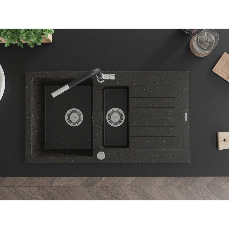 Mexen Matias chiuvetă de bucătărie din granit cu 1,5 compartimente și scurgător cu baterie Flora, negru/auriu metalizat