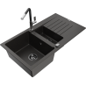 Mexen Matias gránit mosogató 1,5 medencével, csepegtetővel és Flora konyhai csappal, fekete/arany - 6502-75-670401-07-B