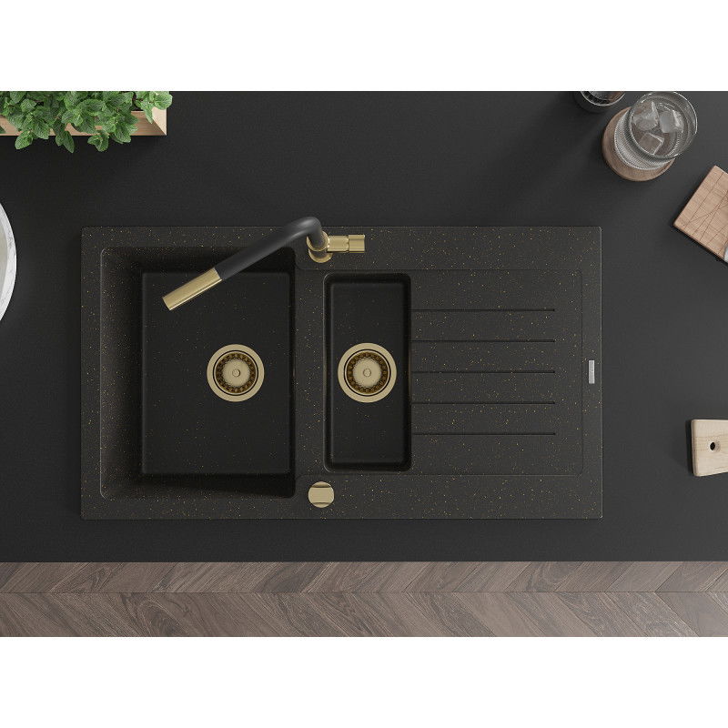 Mexen Matias chiuvetă granit 1,5 camere cu scurgător și baterie bucătărie Flora, negru/auriu - 6502-75-670401-57-G