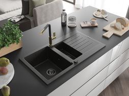 Mexen Matias chiuvetă granit 1,5-camere cu scurgător și baterie de bucătărie Flora, negru/auriu - 6502-75-670401-57-B