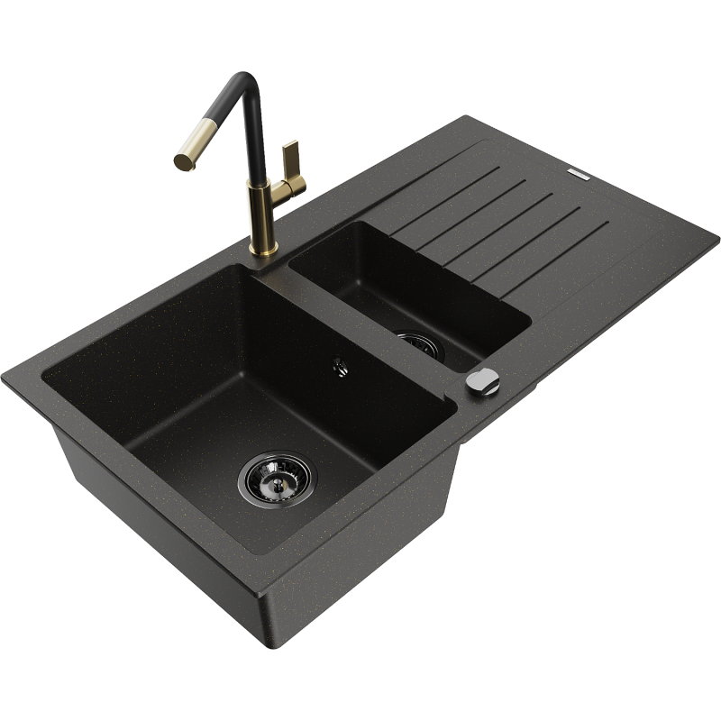 Mexen Matias chiuvetă granit 1,5-camere cu scurgător și baterie de bucătărie Flora, negru/auriu - 6502-75-670401-57-B