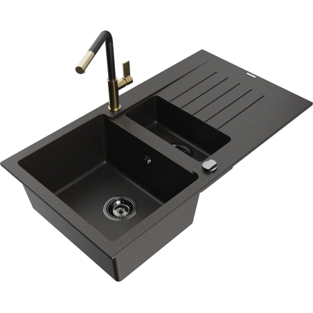 Mexen Matias chiuvetă granit 1,5-camere cu scurgător și baterie de bucătărie Flora, negru/auriu - 6502-75-670401-57-B