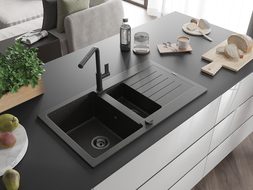Mexen Matias chiuvetă granit 1,5 camere cu scurgător și robinet de bucătărie Flora, negru/auriu - 6502-75-670401-70-B
