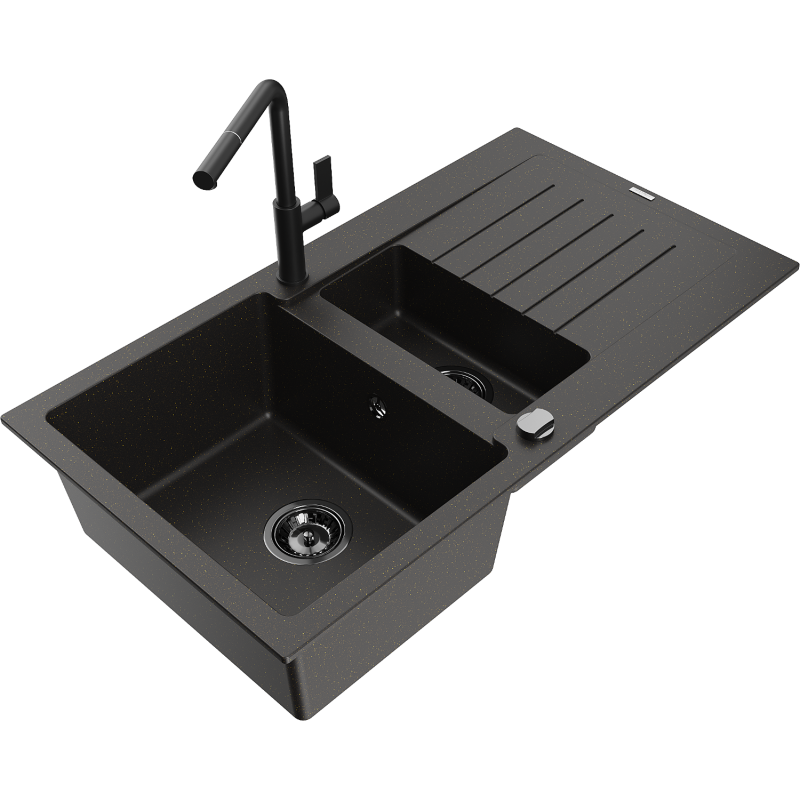 Mexen Matias chiuvetă de granit cu 1,5 compartimente cu picurător și baterie de bucătărie Flora, negru/auriu