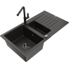 Mexen Matias chiuvetă de granit cu 1,5 compartimente cu picurător și baterie de bucătărie Flora, negru/auriu