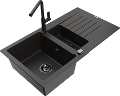 Mexen Matias gránit mosogató 1,5 rekeszes csepegtetővel és Flora konyhai csappal, fekete/arany - 6502-75-670401-70-B