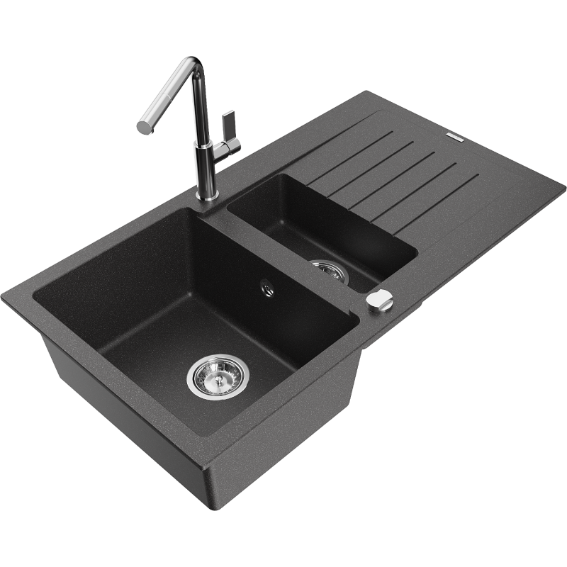 Chiuvetă granit Mexen Matias 1,5 camere cu scurgător și baterie de bucătărie Flora, negru pistruiat - 6502-76-670401-00