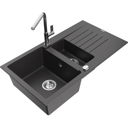 Chiuvetă granit Mexen Matias 1,5 camere cu scurgător și baterie de bucătărie Flora, negru pistruiat - 6502-76-670401-00