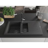 Mexen Matias chiuvetă de granit cu 1,5 compartimente, cu picurător și baterie de bucătărie Flora, negru stropit