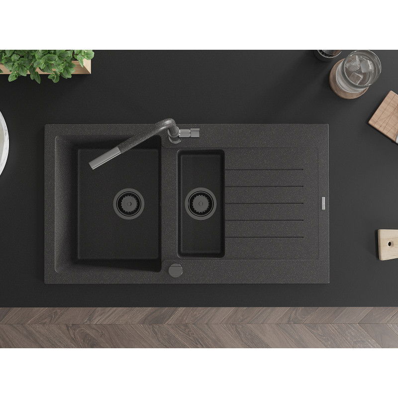 Mexen Matias chiuvetă de granit cu 1,5 cuve cu scurgător și baterie de bucătărie Flora, negru pătat - 6502-76-670401-08-B