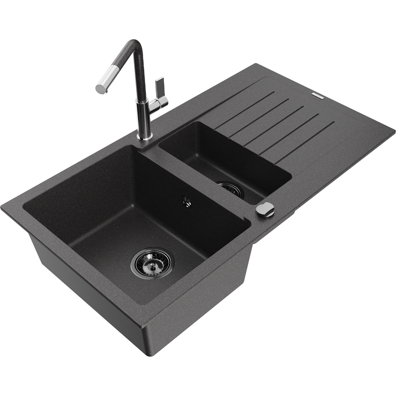 Chiuvetă granit Mexen Matias cu 1,5 compartimente cu scurgător și baterie de bucătărie Flora, negru pătat - 6502-76-670401-08-B