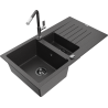 Mexen Matias chiuvetă de granit cu 1,5 cuve cu scurgător și baterie de bucătărie Flora, negru pătat - 6502-76-670401-08-B