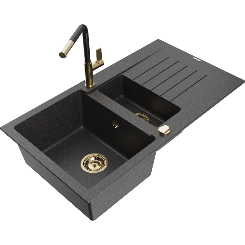 Mexen Matias chiuvetă de bucătărie din granit cu 1,5 cuve, cu scurgător și baterie Flora, negru pătat