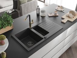 Chiuvetă granit Mexen Matias 1,5 bol cu scurgător și baterie bucătărie Flora, negru pete - 6502-76-670401-57-B