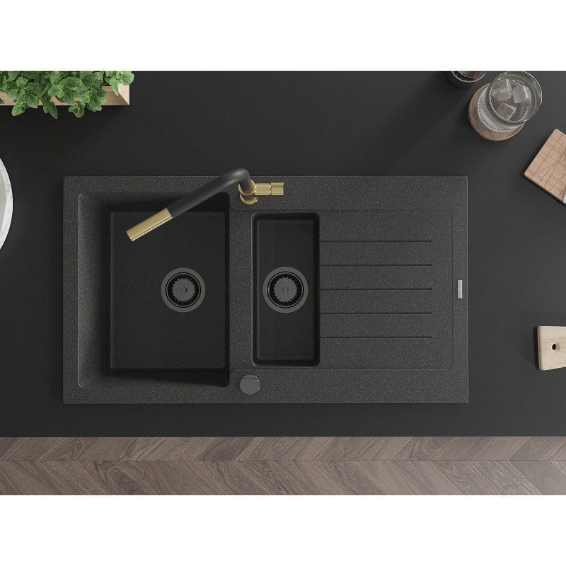 Mexen Matias gránit mosogató 1,5 medencés csepegtetővel és Flora konyhai csappal, fekete pettyes - 6502-76-670401-57-B