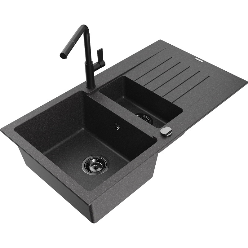Mexen Matias chiuvetă din granit cu 1,5 cuve cu scurgător și baterie de bucătărie Flora, negru pătat - 6502-76-670401-70-B