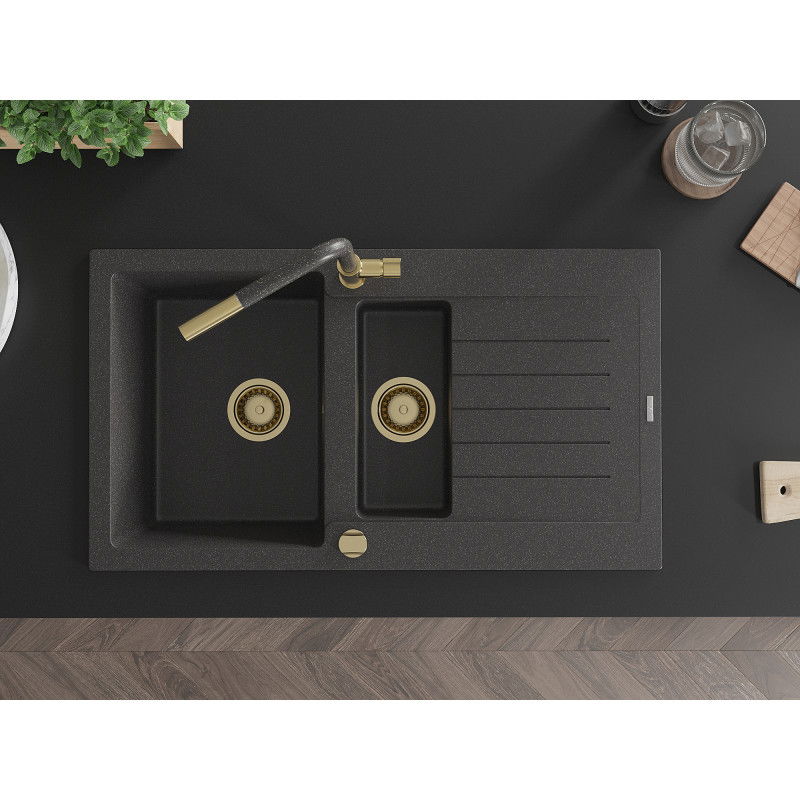 Mexen Matias gránit mosogatótálca 1,5-medencés csepegtetővel és Flora konyhai csapteleppel, fekete szórt - 6502-76-670401-75-G