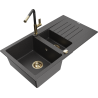 Mexen Matias gránit mosogatótálca 1,5-medencés csepegtetővel és Flora konyhai csapteleppel, fekete szórt - 6502-76-670401-75-G