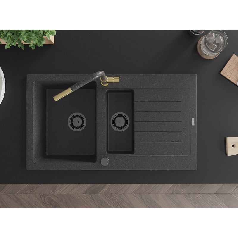 Mexen Matias chiuvetă de granit cu 1,5 compartimente cu scurgător și baterie Flora, negru punctat - 6502-76-670401-75-B