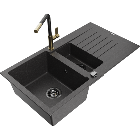 Mexen Matias chiuvetă de granit cu 1,5 compartimente cu scurgător și baterie Flora, negru punctat - 6502-76-670401-75-B