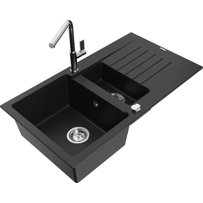 Mexen Matias chiuvetă de granit cu 1,5 cuve cu scurgător și baterie de bucătărie Flora, negru - 6502-77-670401-00