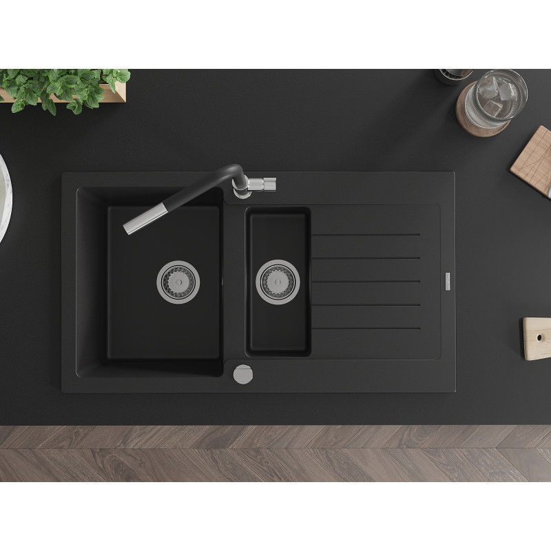 Mexen Matias chiuvetă din granit cu 1,5 compartimente, cu scurgător și baterie de bucătărie Flora, negru - 6502-77-670401-07