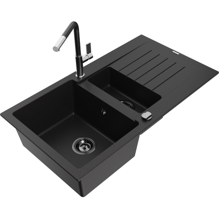 Mexen Matias gránit mosogató 1,5-medencés csepegtetővel és Flora konyhai csapteleppel, fekete - 6502-77-670401-07-B