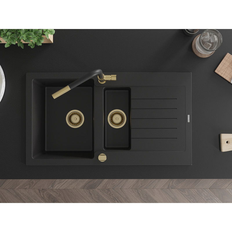 Mexen Matias 1,5 kamrás gránit mosogató lefolyóval és Flora konyhai csapteleppel, fekete - 6502-77-670401-57-G