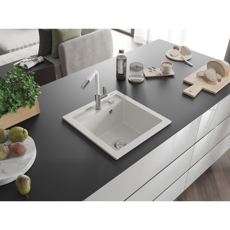 Mexen Vito chiuvetă de granit cu 1 compartiment cu baterie de bucătărie Flora, albă - 6503-20-670401-02