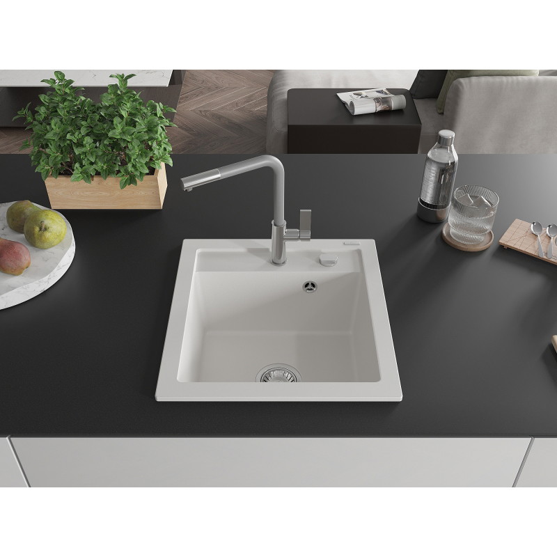 Mexen Vito chiuvetă de bucătărie din granit cu 1 compartiment cu baterie Flora, alb - 6503-20-670401-06