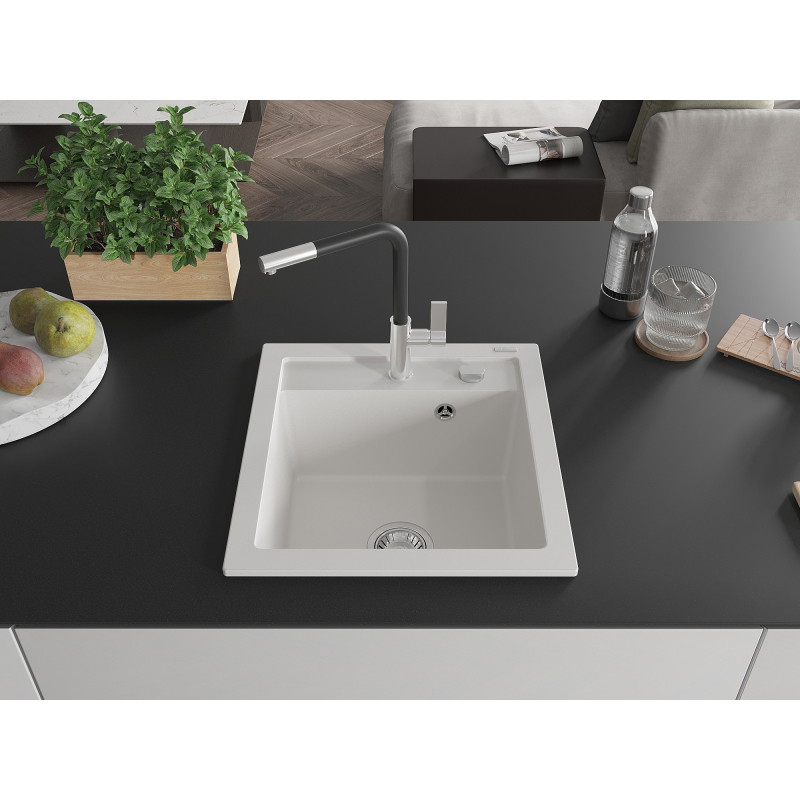 Mexen Vito chiuvetă de granit cu 1 compartiment cu baterie de bucătărie Flora, alb - 6503-20-670401-07