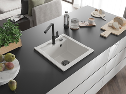 Mexen Vito chiuvetă de granit cu 1 compartiment cu baterie de bucătărie Flora, alb - 6503-20-670401-70-B