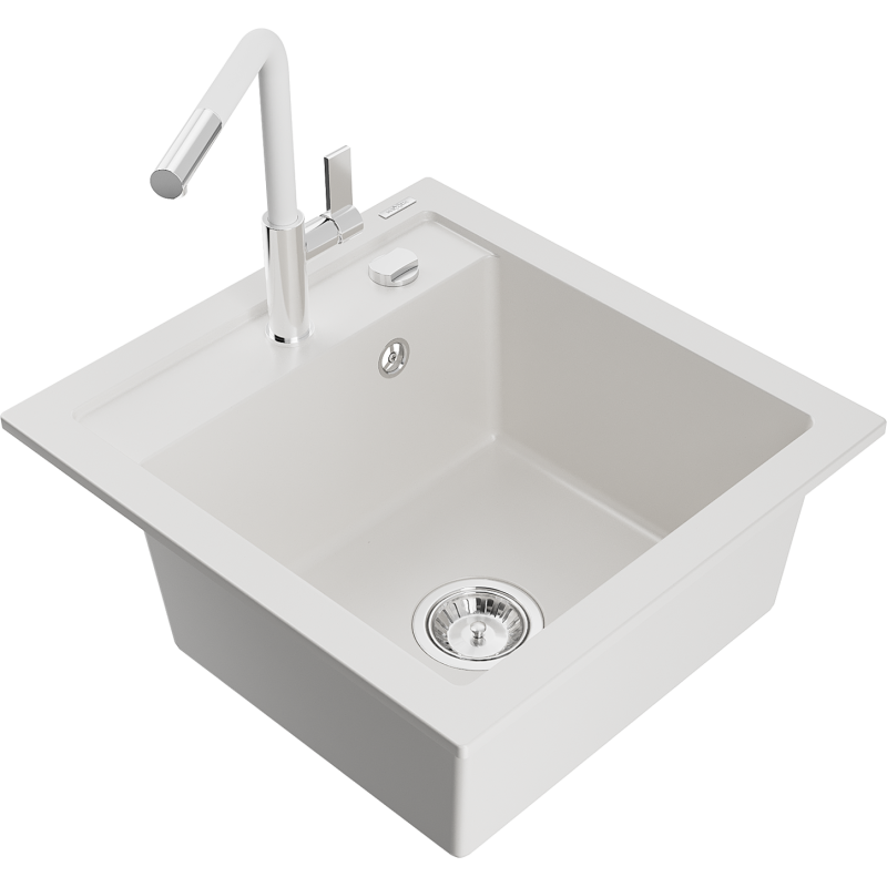 Mexen Vito chiuvetă de bucătărie din granit, 1 compartiment, cu baterie Flora, alb - 6503-20-670401-02