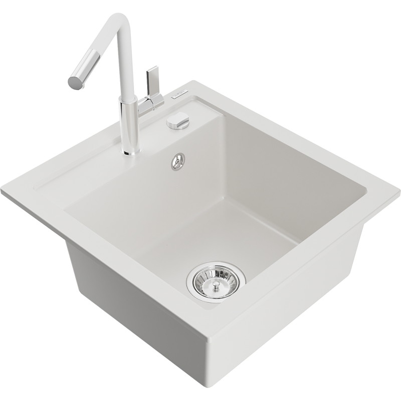 Mexen Vito chiuvetă de granit cu 1 compartiment cu baterie de bucătărie Flora, albă - 6503-20-670401-02