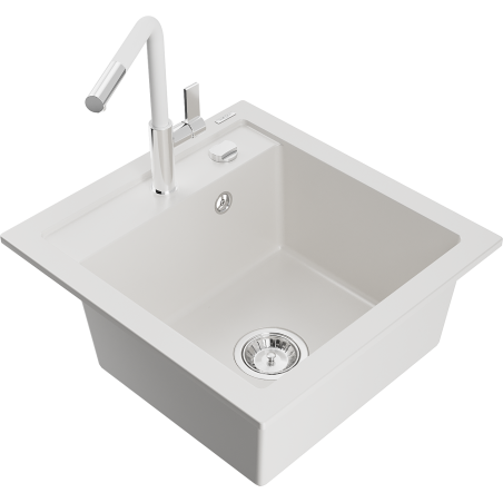 Mexen Vito chiuvetă de bucătărie din granit, 1 compartiment, cu baterie Flora, alb - 6503-20-670401-02