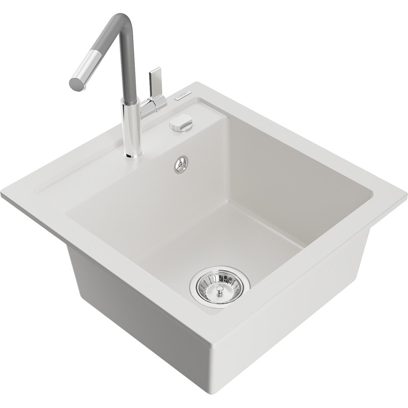 Mexen Vito chiuvetă de bucătărie din granit cu 1 compartiment și baterie Flora, alb - 6503-20-670401-06