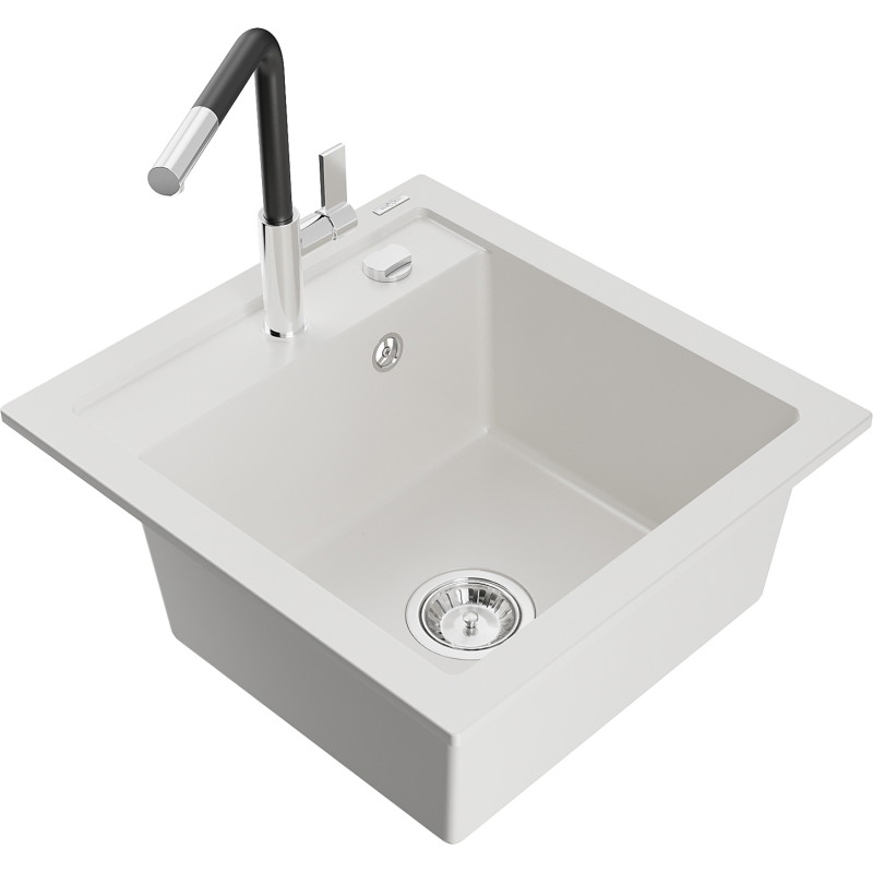 Mexen Vito chiuvetă de granit cu 1 compartiment cu baterie de bucătărie Flora, alb - 6503-20-670401-07