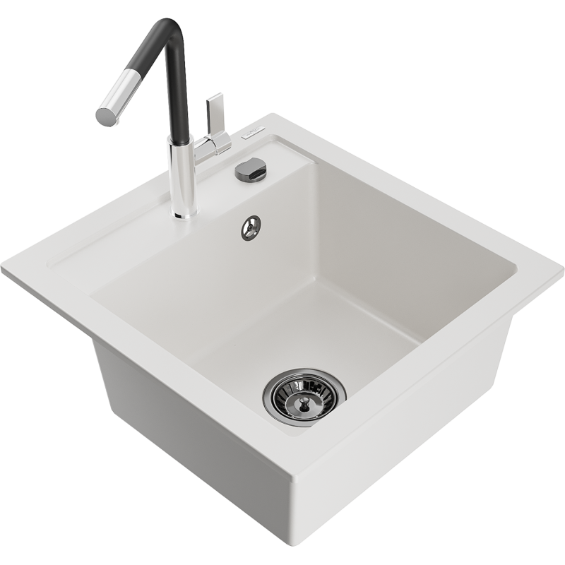 Mexen Vito chiuvetă de bucătărie din granit, cu 1 cuvă, cu baterie Flora, alb - 6503-20-670401-07-B