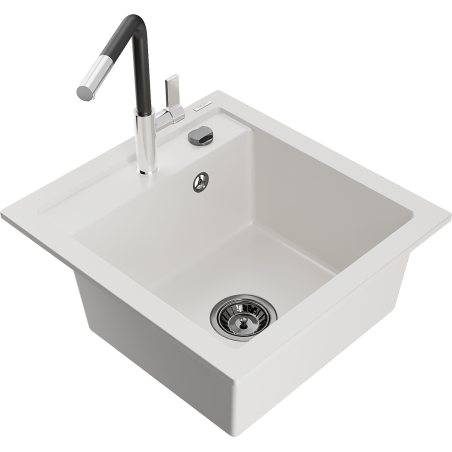 Mexen Vito chiuvetă de bucătărie din granit, cu 1 cuvă, cu baterie Flora, alb - 6503-20-670401-07-B